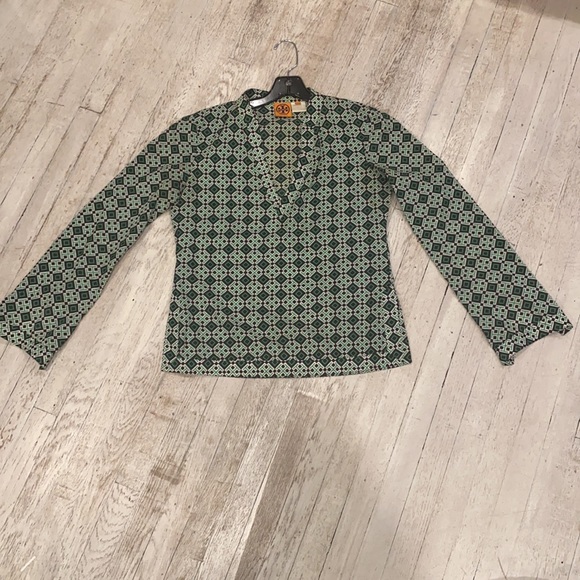 Tory Burch crop tunic logo print blouse side slit  size 6 GC - Picture 8 of 16